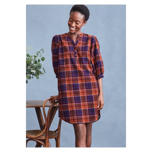 Garnet Hill Brown Plaid Corduroy Puff Sleeve Shift Mini Dress Sz.M - Picture 1 of 14